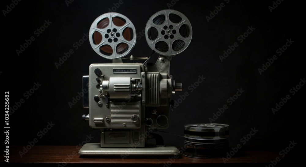 Naklejka premium Vintage Film Projector with Reels on Wooden Surface