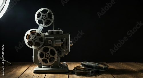 Vintage Movie Projector and Film Reels on Wooden Table