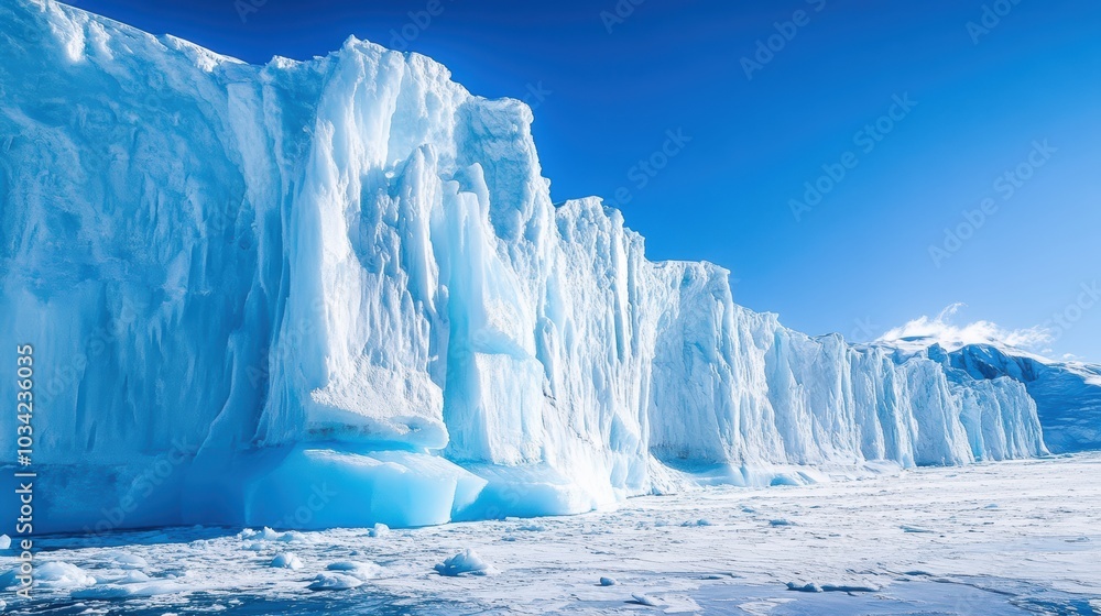 Glacial ice wall under blue sky. Glacial ice wall under blue sky.