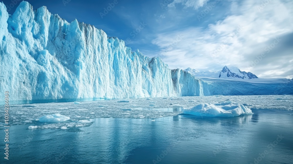 Glacier wall reflecting on blue water. Glacier wall reflecting on blue water.