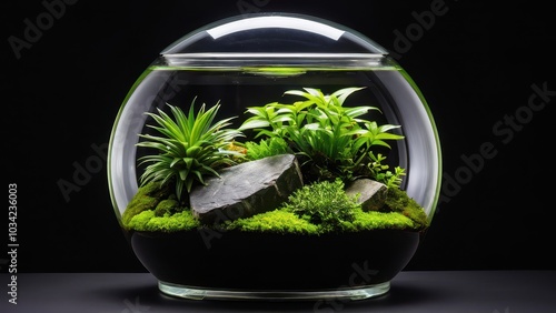 A vibrant mini terrarium featuring succulents and moss, set against a black background. Black vivarium background photo