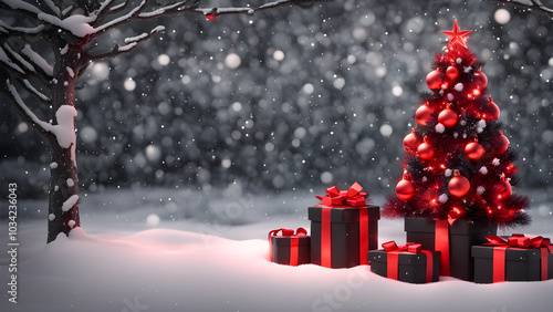 Christmas gifts wrapped in red and black under a snow dusted tree. generative ai.