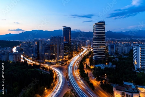 Wallpaper Mural Futuristic skyline of Tirana, with digital light trails illuminating the city Torontodigital.ca