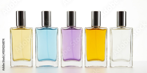 Beautiful Assortment of Vibrant Colorful Perfume Bottles Arranged on White Background