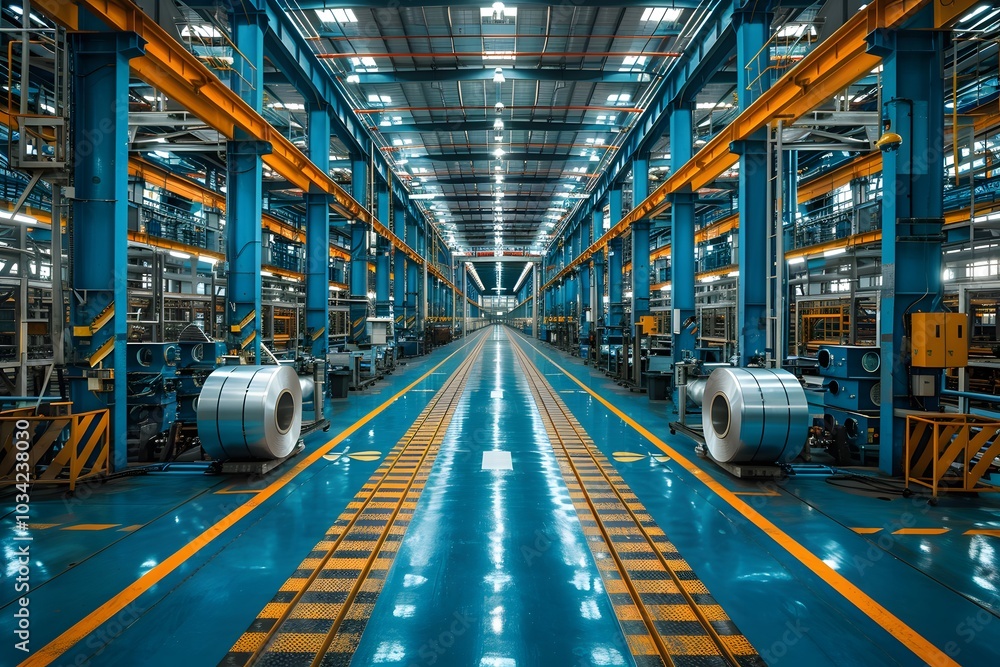 Futuristic Industrial Warehouse Aisle With Steel Coils and Polished Floors Futuristic Industrial Warehouse Aisle With Steel Coils and Polished Floors