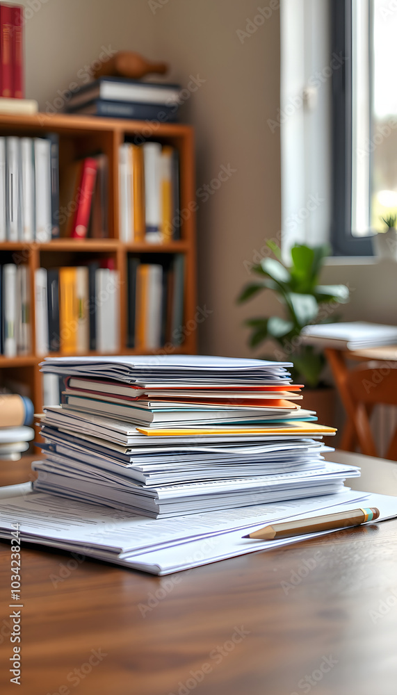 Pile of homework on table isolated with white highlights, png Pile of homework on table isolated with white highlights, png