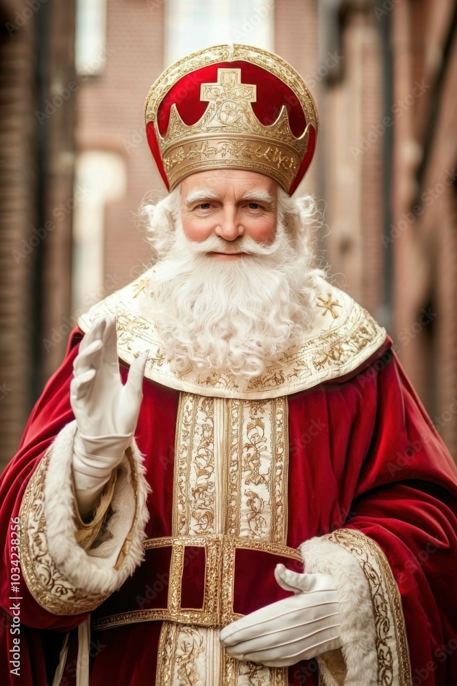 A festive Saint Nicholas in red robes waving warmly in a historic setting. A festive Saint Nicholas in red robes waving warmly in a historic setting.