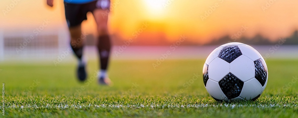 Fototapeta premium Dynamic Soccer Player Silhouette Dribbling at Sunset - Captivating Horizon Scene for Sports and Lifestyle Themes