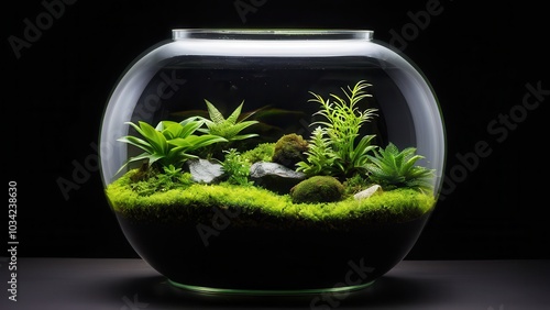 A vibrant mini terrarium featuring succulents and moss, set against a black background. Black background vivarium photo