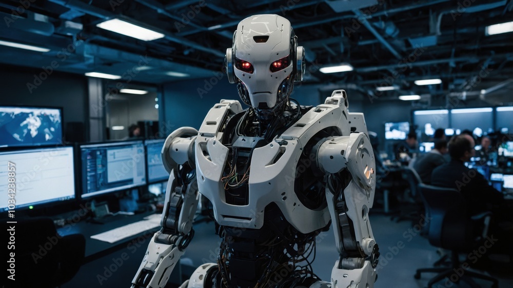 A military robot designed for combat, equipped with advanced armor and weaponry. Its imposing presence reflects strength, precision, and futuristic warfare A military robot designed for combat, equipped with advanced armor and weaponry. Its imposing presence reflects strength, precision, and futuristic warfare
