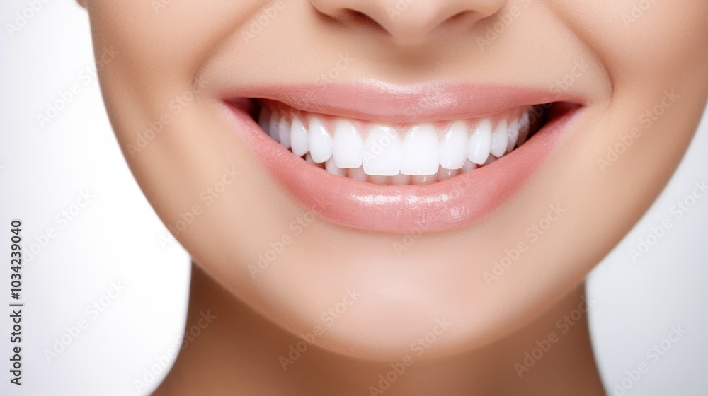 This close-up displays a female smile featuring pristine white teeth that highlight tooth whitening results and excellent dental care. The image captures the shine and detail of the smile This close-up displays a female smile featuring pristine white teeth that highlight tooth whitening results and excellent dental care. The image captures the shine and detail of the smile