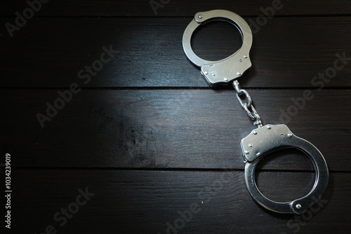 Metal chain handcuffs on black wooden table, top view. Space for text photo