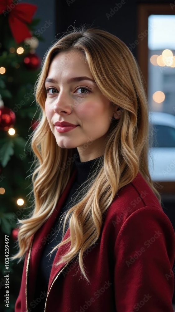 Obraz premium Calm woman with flowing blonde hair against soft Christmas light. Vertical format.
