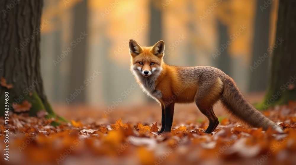 A cute red fox (Vulpes vulpes) nestled in a beautiful autumn forest, surrounded by vibrant fall foliage. A cute red fox (Vulpes vulpes) nestled in a beautiful autumn forest, surrounded by vibrant fall foliage.