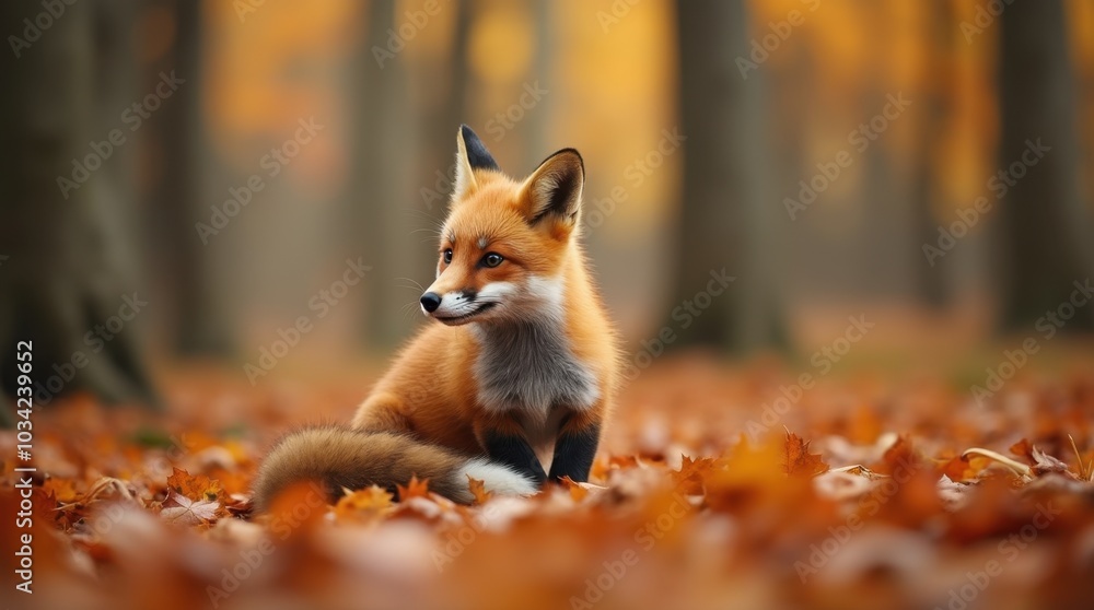 A cute red fox (Vulpes vulpes) nestled in a beautiful autumn forest, surrounded by vibrant fall foliage. A cute red fox (Vulpes vulpes) nestled in a beautiful autumn forest, surrounded by vibrant fall foliage.