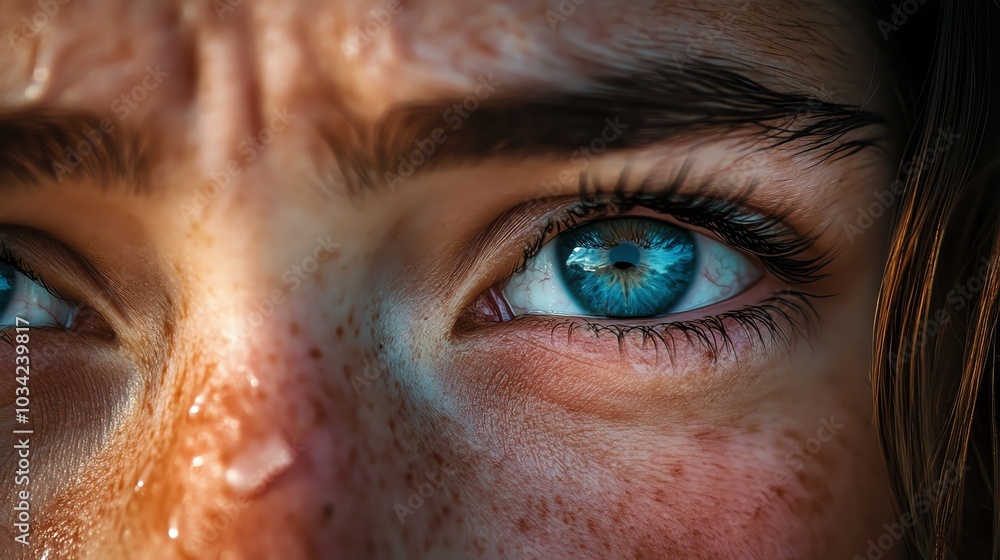 Close-up portrait of a person's eye, showcasing vibrant blue iris and freckles, expressive and emotional. Close-up portrait of a person's eye, showcasing vibrant blue iris and freckles, expressive and emotional.