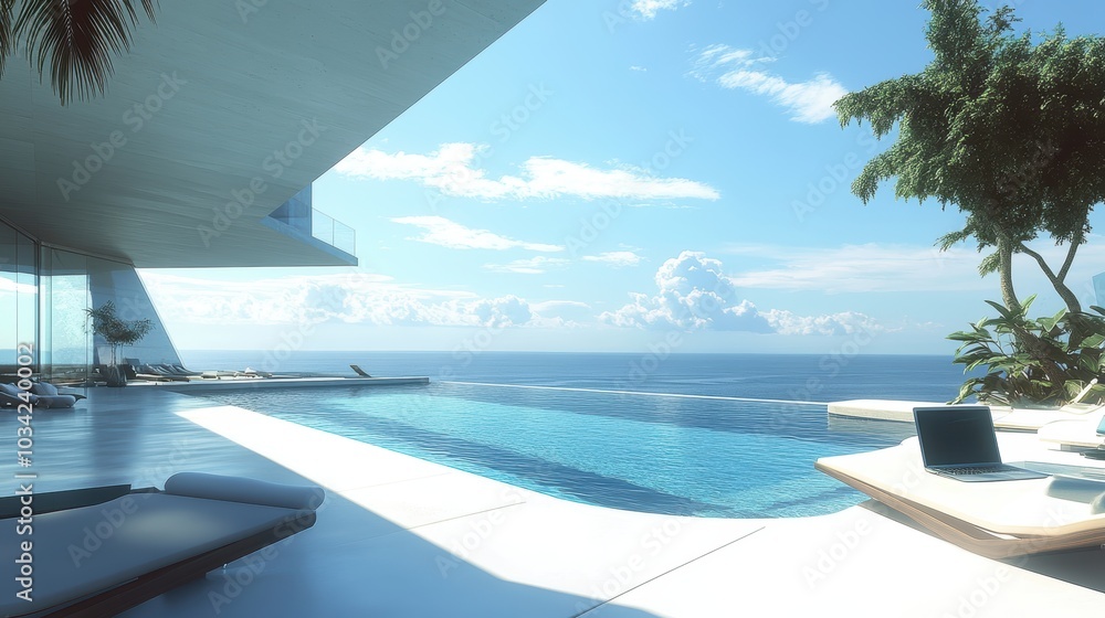 Fototapeta premium Luxury poolside view with ocean, laptop, and loungers.