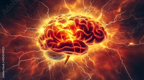 Conceptual representation of a brain surrounded by fiery energy and lightning, symbolizing intense thought and creativity.