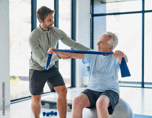 Fotografie Fitness, old man or physiotherapist with exercise band for stretching, wellness or healing for injury