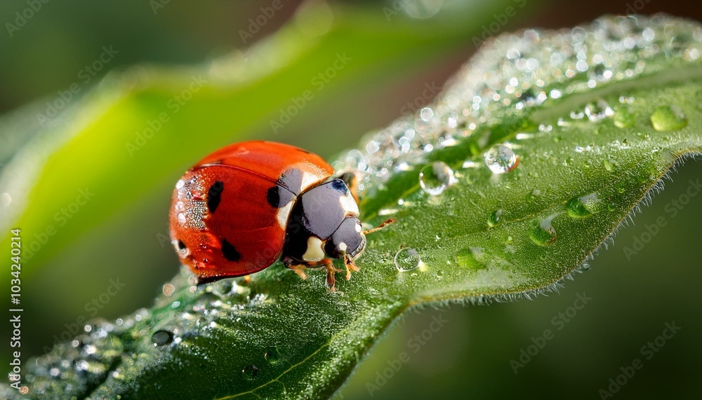 Fototapeta premium Macro photo of a ladybug on leaves in the garden