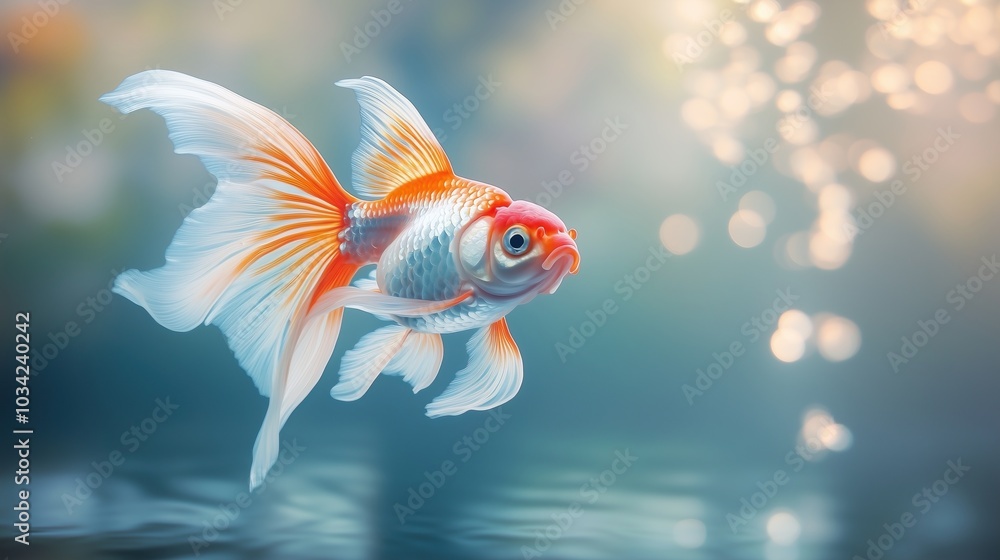 Close-up of Elegant White and Orange Goldfish with Flowing Fins Close-up of Elegant White and Orange Goldfish with Flowing Fins
