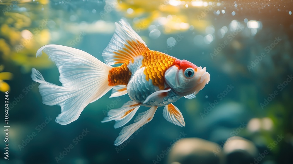 Close-up of Elegant White and Orange Goldfish with Flowing Fins Close-up of Elegant White and Orange Goldfish with Flowing Fins