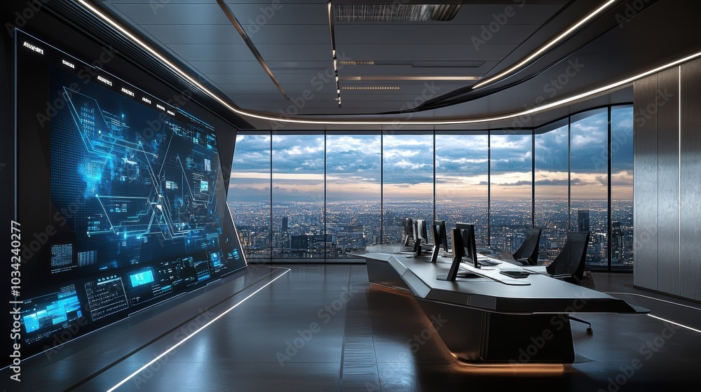 Obraz premium Futuristic office with city view and large monitor.