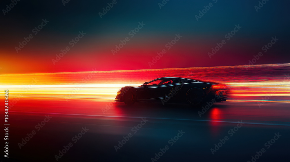 A sleek sports car races through a neon-lit city street in a blur of vibrant lights at night A sleek sports car races through a neon-lit city street in a blur of vibrant lights at night