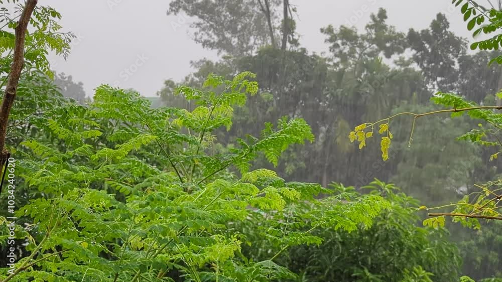 Rainfall on green moringa leaves in daylight. Rainfall on green moringa leaves in daylight.
