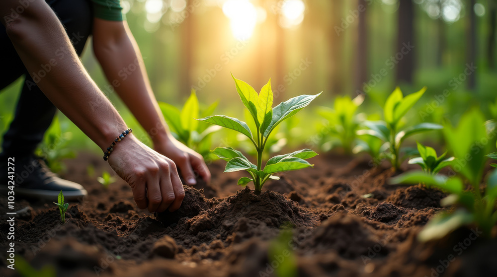 Gardener planting young tree sapling in fertile soil at sunset Gardener planting young tree sapling in fertile soil at sunset