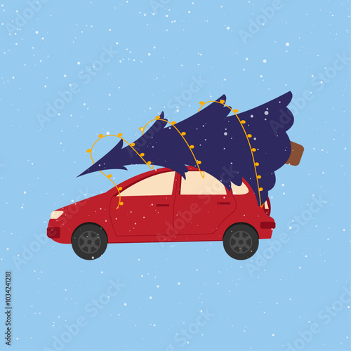 Christmas and New Year car with christmas tree on a blue background. Merry Christmas and Happy New Year postcard, poster, flyer