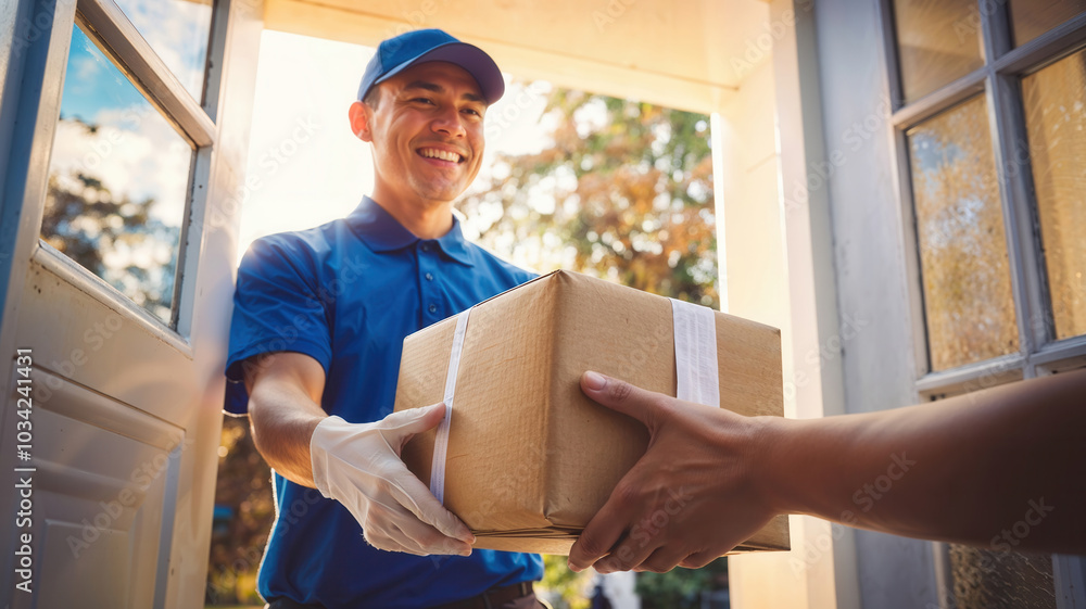 Delivery man wearing gloves delivering package at front door Delivery man wearing gloves delivering package at front door