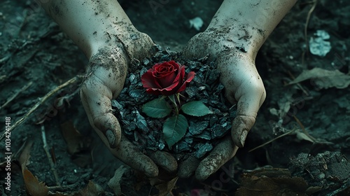 Hands holding a red rose surrounded by soil and leaves on a dark, earthy background.