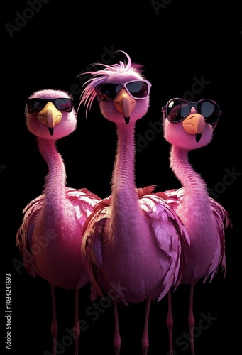 Three pink flamingos wearing sunglasses on a dark background, fun summer party vibe