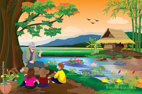 Grandpa is sitting under a big tree by the pond telling stories to the children.vector design