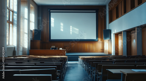 An empty lecture hall ready for an engagement with rows of chairs arranged for learning