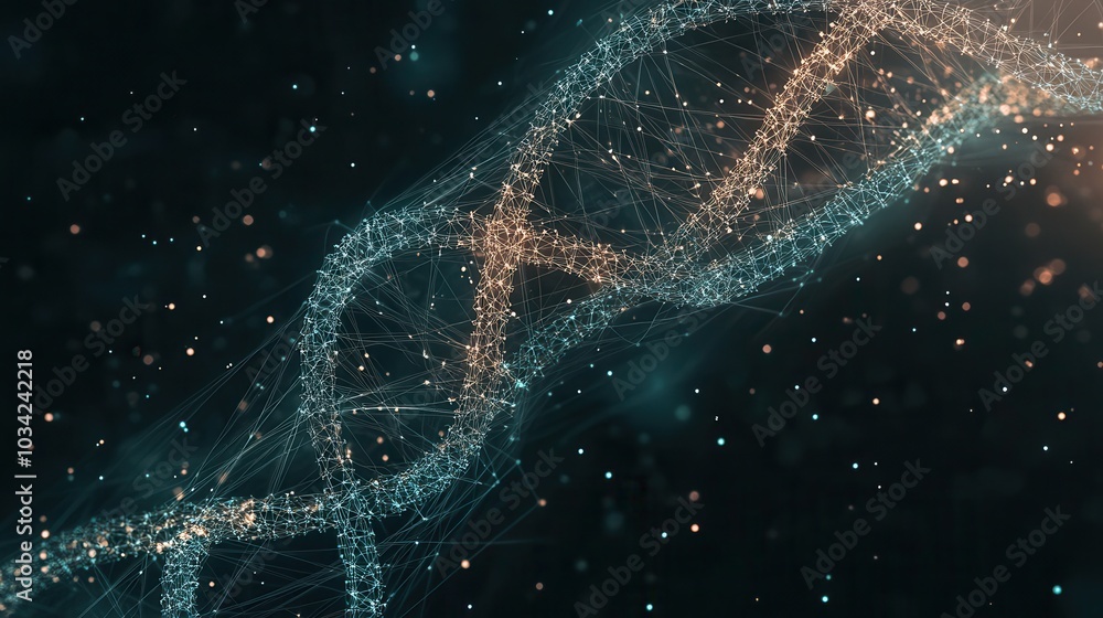 Digital representation of a DNA helix with glowing particles on a dark background, symbolizing genetic science and technology. Digital representation of a DNA helix with glowing particles on a dark background, symbolizing genetic science and technology.