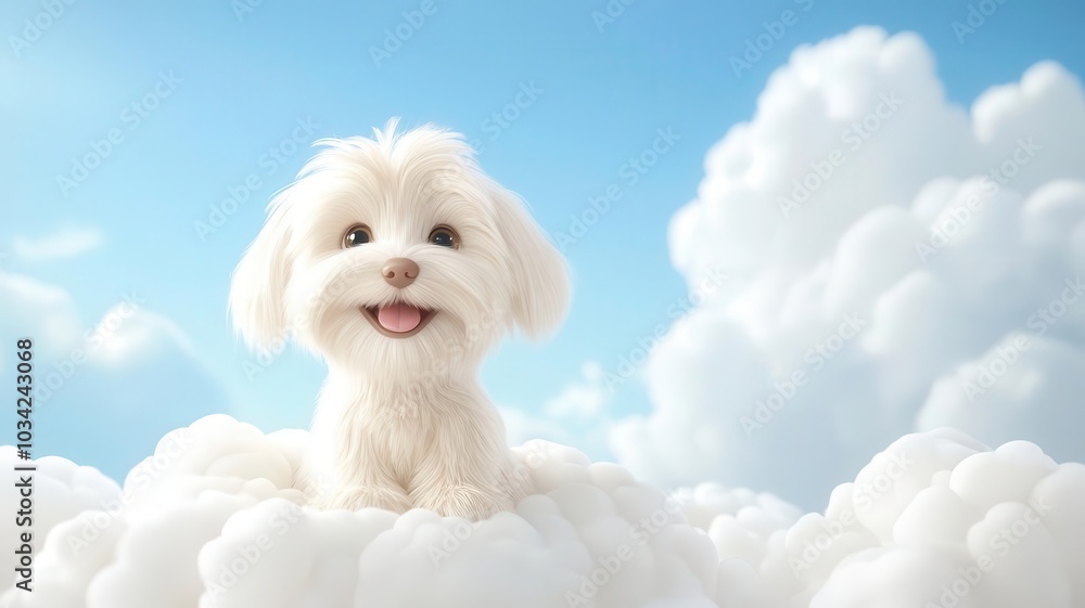 Cute white dog sitting happily on fluffy clouds against a blue sky.