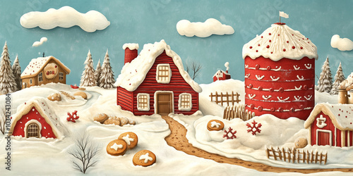 Farm with a barn and silo made of cookies, festive and detailed, illustration art