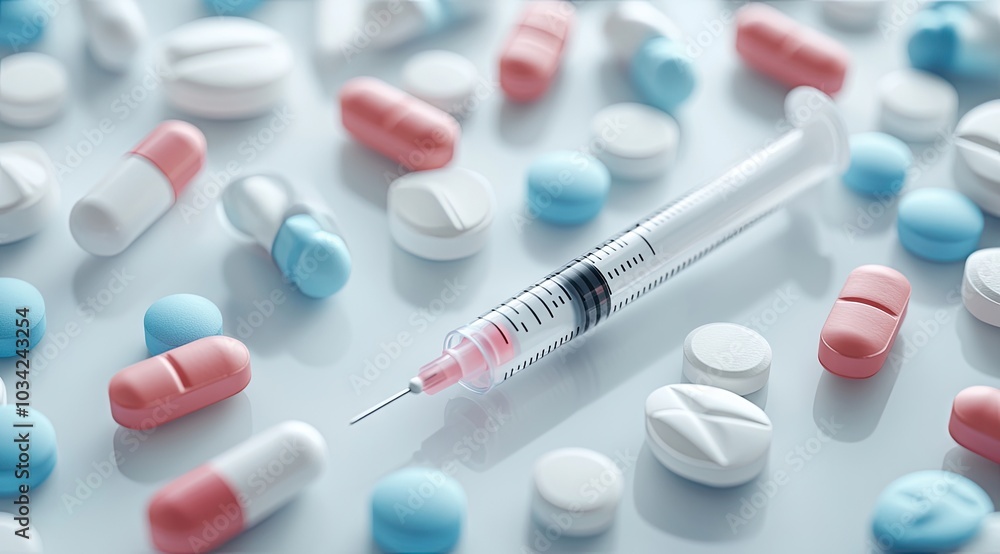 Close-up visualization of a COVID-19 virus with a syringe and assorted pills on a clinical backdrop showcasing modern medical challenges Close-up visualization of a COVID-19 virus with a syringe and assorted pills on a clinical backdrop showcasing modern medical challenges