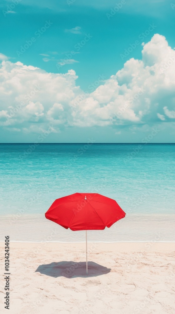 Red beach umbrella on sandy shore with clear blue ocean and clouds. Red beach umbrella on sandy shore with clear blue ocean and clouds.