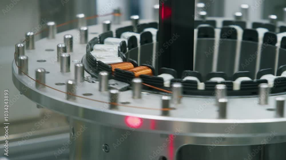 Precision Manufacturing: Close-up of an Automated Assembly Line Precisely Aligning and Securing Components on a Rotating Platform, Demonstrating Advanced Manufacturing Technology