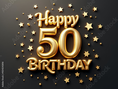 Happy 50th birthday gold greeting background. 3D Rendering