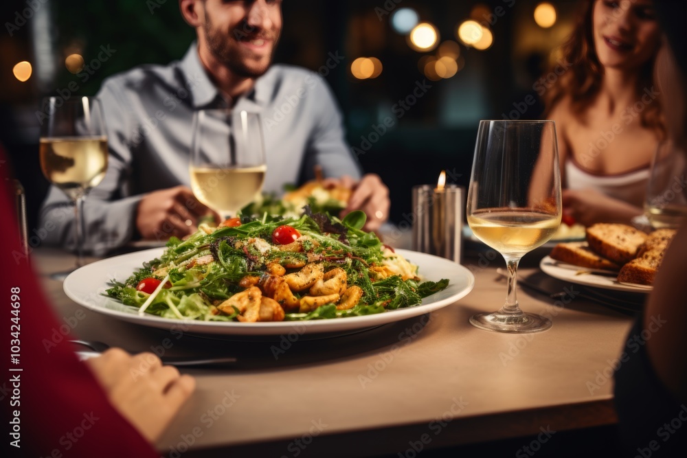 A young couple shares a gourmet Caesar salad with roast chicken, fresh vegetables, and cheese, enjoying a romantic dinner in a luxurious restaurant ambiance A young couple shares a gourmet Caesar salad with roast chicken, fresh vegetables, and cheese, enjoying a romantic dinner in a luxurious restaurant ambiance