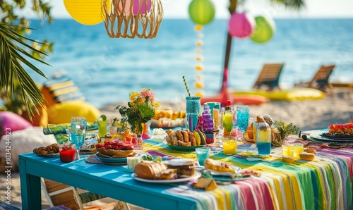 Colorful beach picnic with food and drinks.