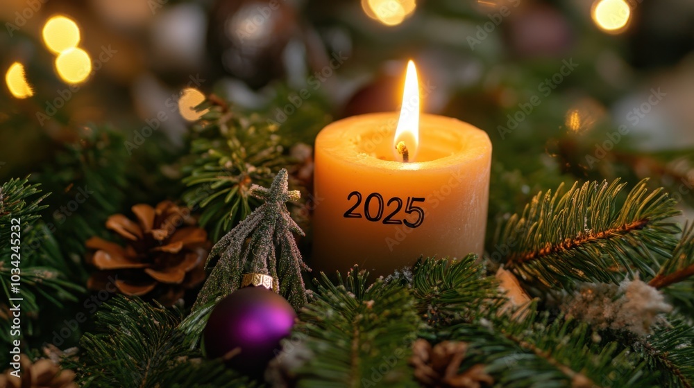 Candle with 2025 marking on festive arrangement Candle with 2025 marking on festive arrangement