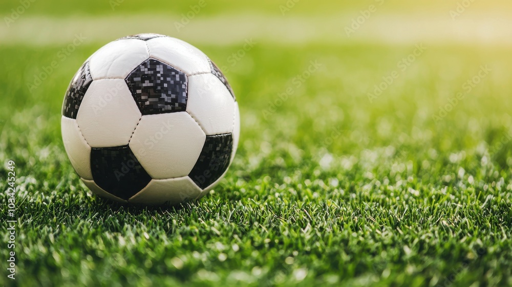 Soccer ball on green grass field, ideal for sports-related themes.