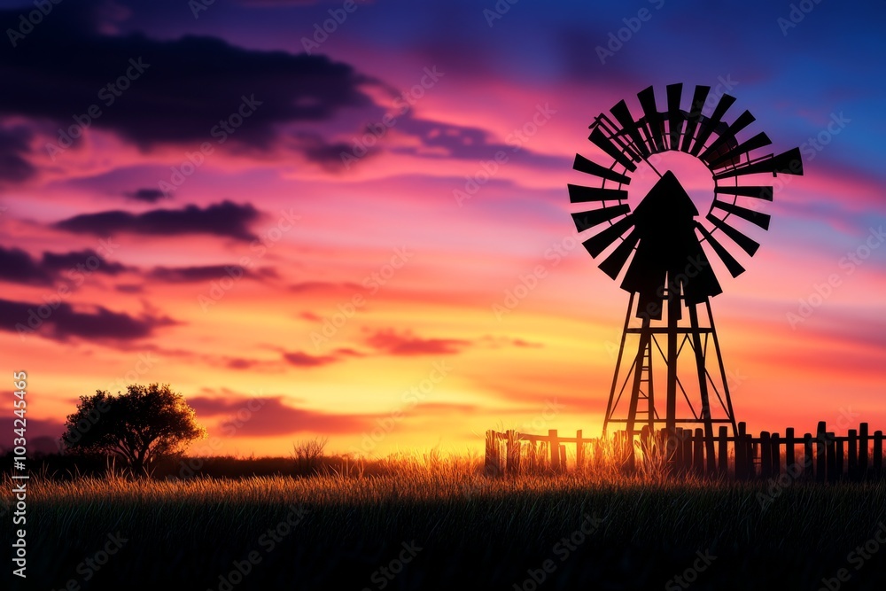 Silhouette of a windmill under a pastel gradient sky, minimal colors and clean shapes Silhouette of a windmill under a pastel gradient sky, minimal colors and clean shapes