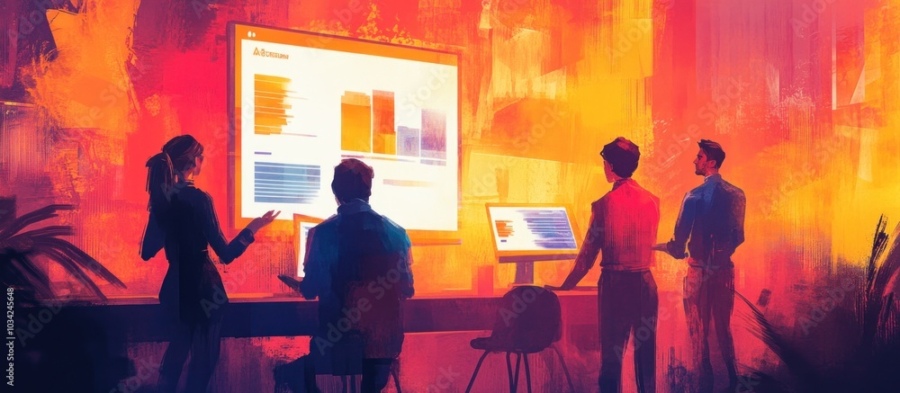 A team of four professionals analyze data on a large screen while standing around a table in an office with a warm, ambient lighting. A team of four professionals analyze data on a large screen while standing around a table in an office with a warm, ambient lighting.