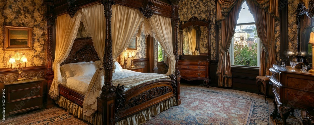 Ornate four-poster bed in a grand bedroom. Ornate four-poster bed in a grand bedroom.
